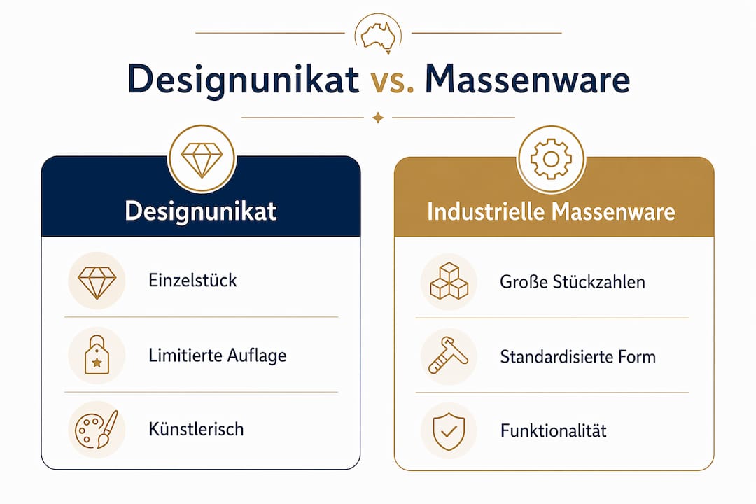 Infografik: Gegenüberstellung von individuellen Design-Unikaten und Massenprodukten – die wichtigsten Unterschiede auf einen Blick