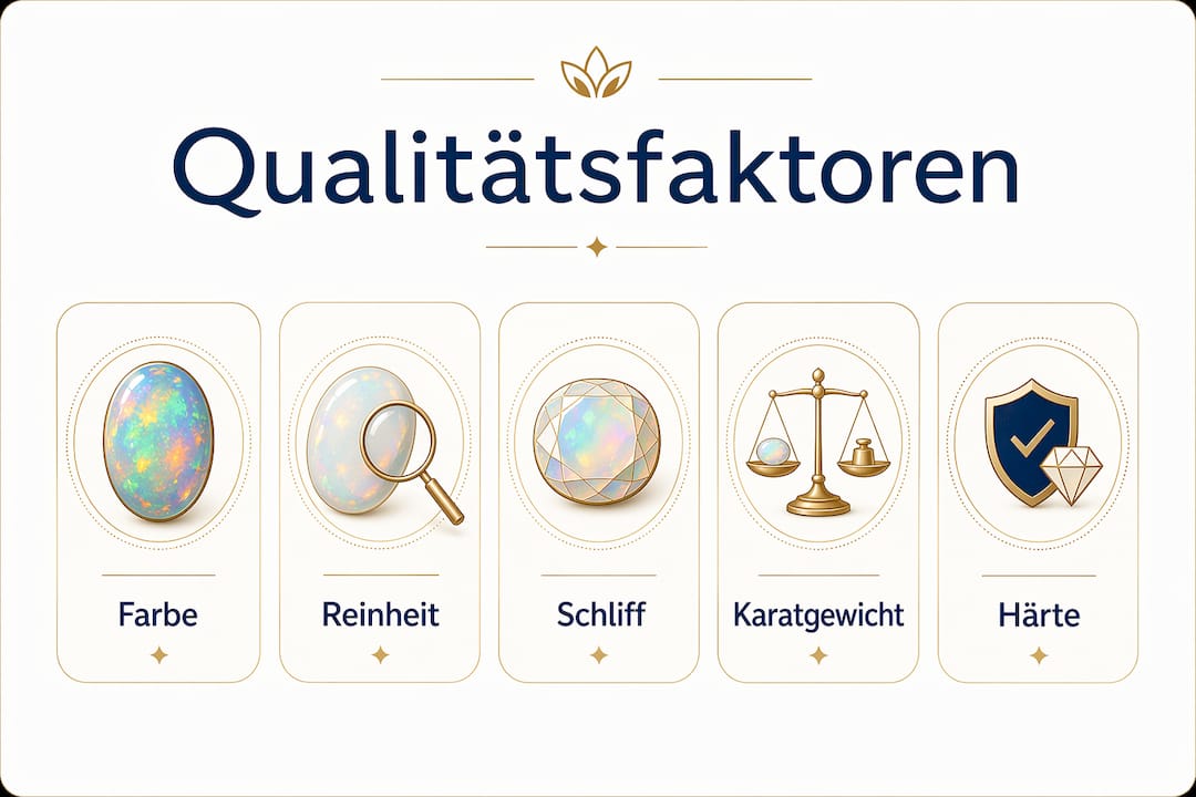 Die Infografik veranschaulicht, welche Qualitätsmerkmale bei Edelsteinen besonders wichtig sind und wie sie hierarchisch angeordnet sind.