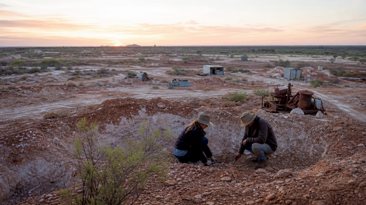 Auf dem Opalfeld von Lightning Ridge sind Bergleute bei der Arbeit zu sehen.