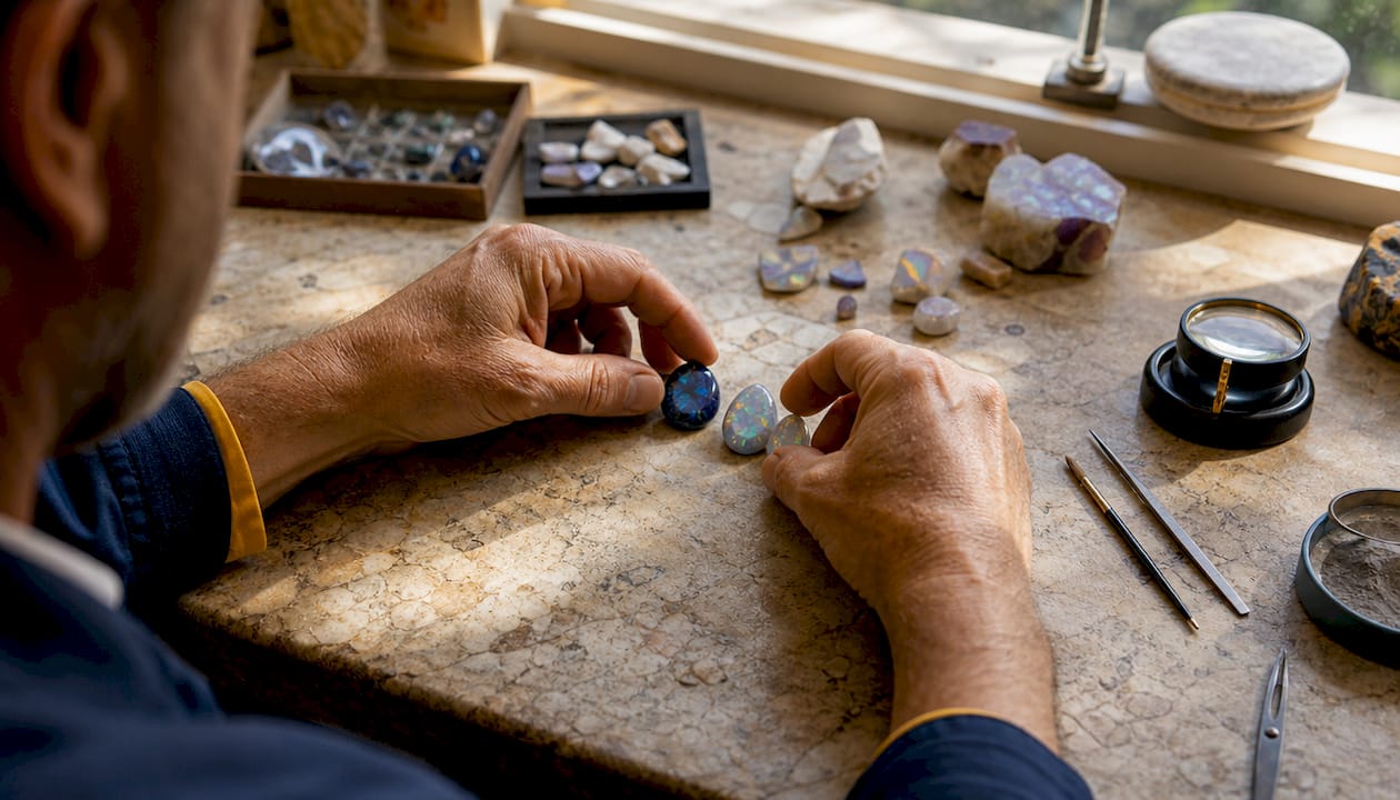 Close-up hands comparing opal doublet and solid stone