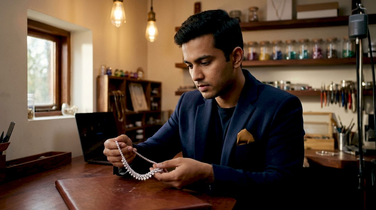 Auction specialist inspecting diamond necklace