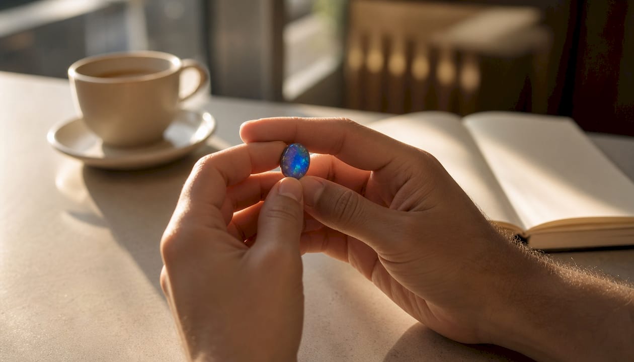 Auf einem Holztisch werden in Händen ein blauer Opal und das zugehörige Echtheitszertifikat präsentiert.