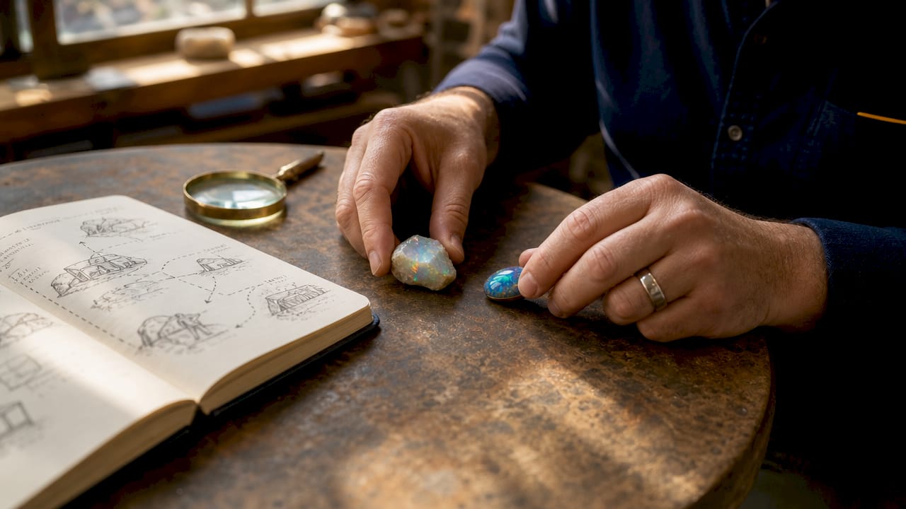 Jeweler hands with raw and polished opals over journey map