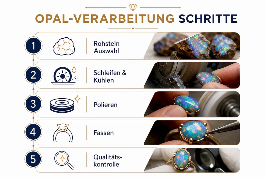 In dieser Infografik werden die einzelnen Schritte der Opalbearbeitung anschaulich dargestellt.