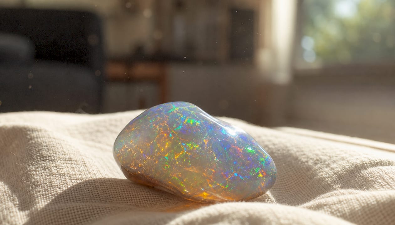 Detailaufnahme eines geschliffenen Opals, der seine faszinierende Struktur und das lebhafte Farbenspiel eindrucksvoll zeigt.