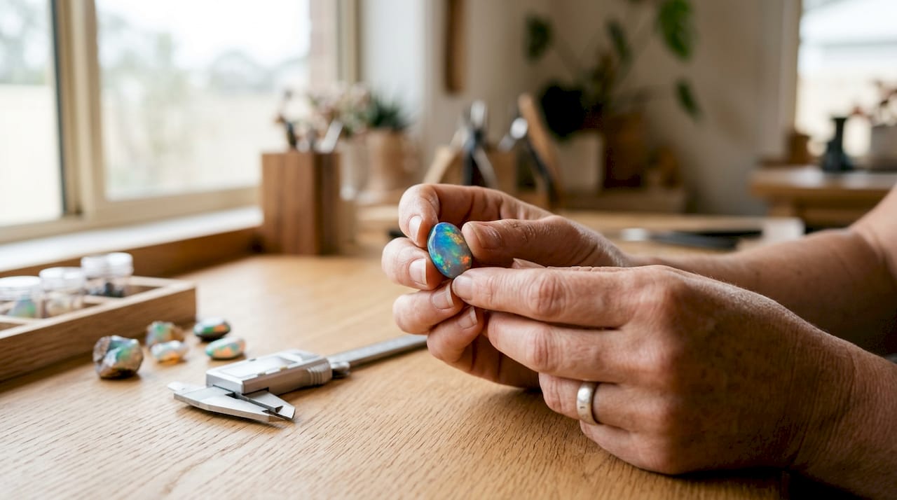 In Großaufnahme sind Hände zu sehen, die einen schimmernden Opal vorsichtig halten.