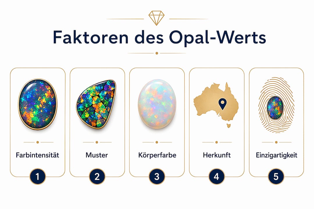Grafik: Die wichtigsten Kriterien für den Wert von Opalen auf einen Blick
