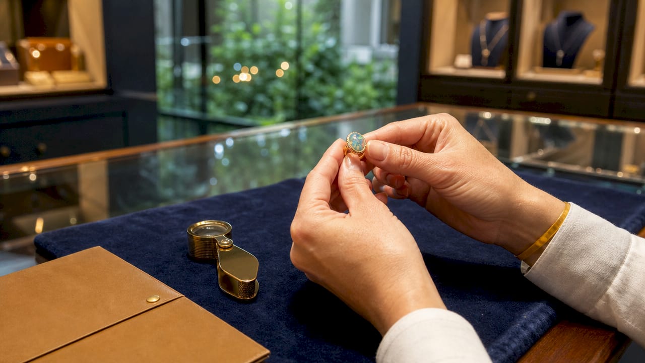 Hands inspecting opal ring with loupe in studio