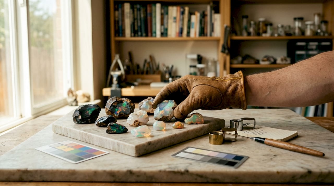 Close-up of hand arranging varied opal gemstones