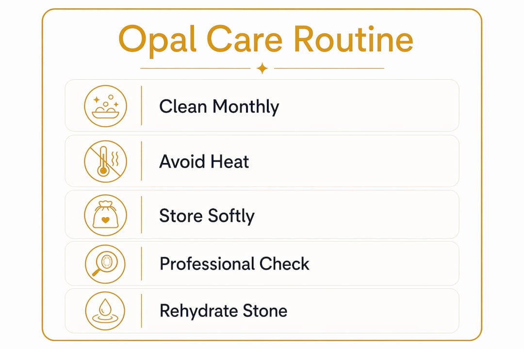 Infographic outlining steps to care for opal jewelry