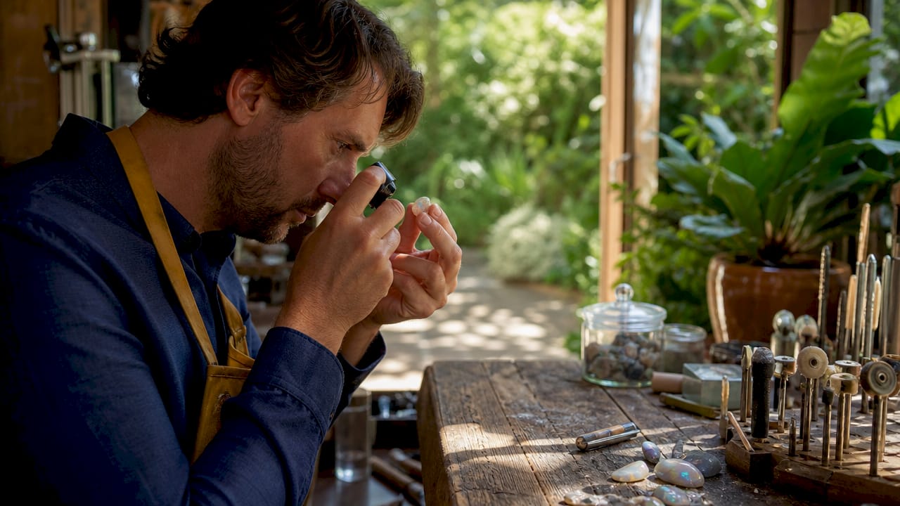 Jeweler inspecting natural opal gemstone closely