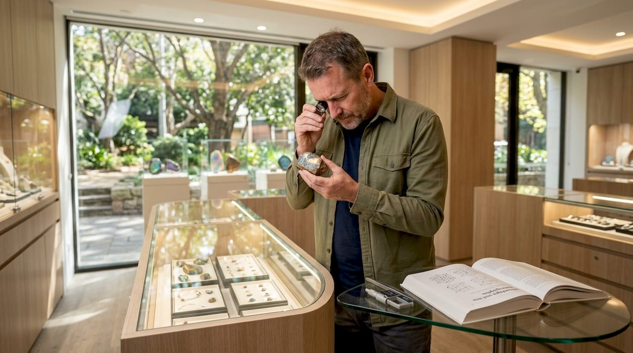 Ein Geologe untersucht die innere Struktur von Opalen im Labor.