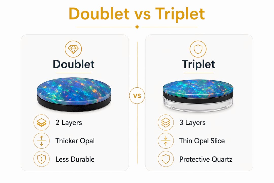 Infographic comparing doublet and triplet opal characteristics side by side