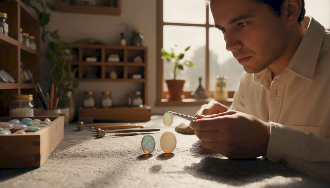 Jeweler inspecting doublet and triplet opals at workbench