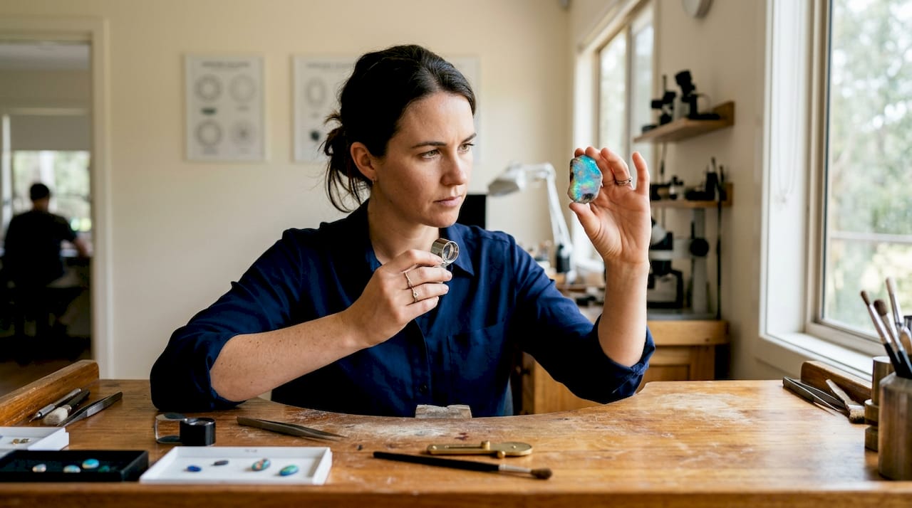 Jeweler closely examining genuine opal gemstone