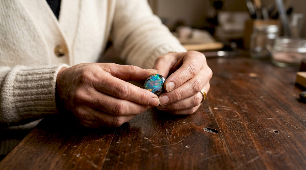 Hands rotating opal showing play-of-color