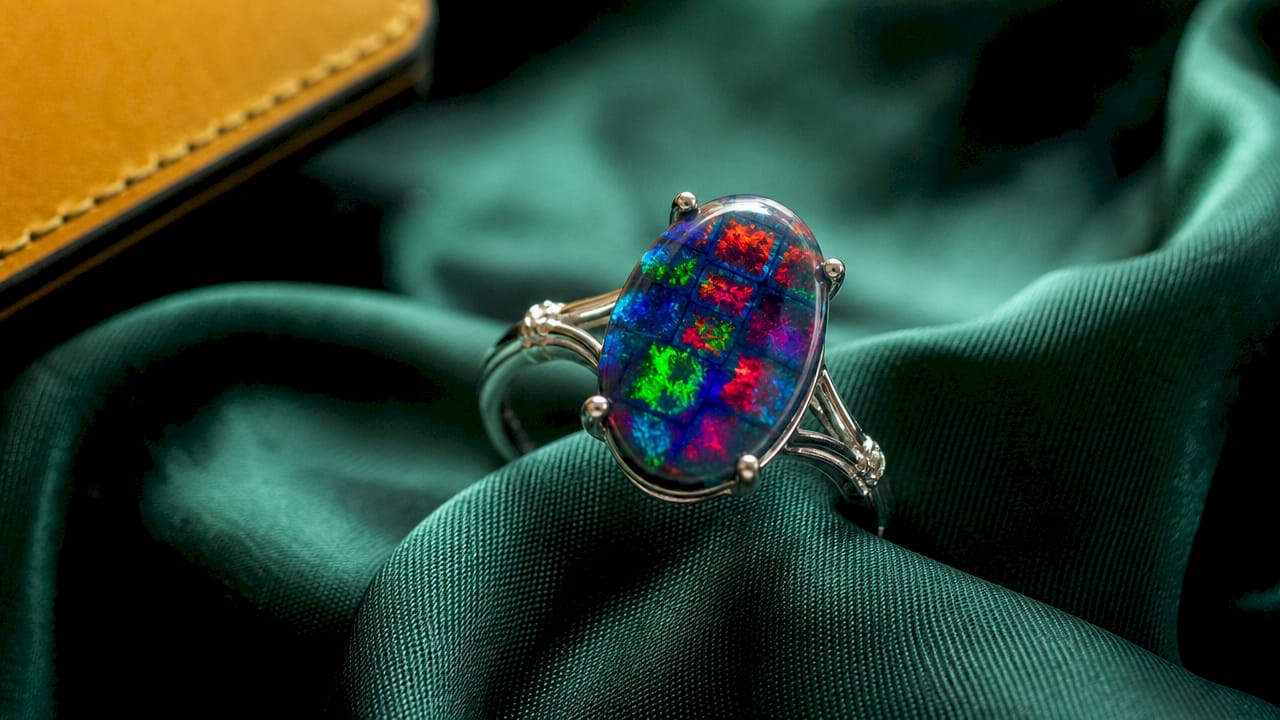 Close-up of black opal with Harlequin pattern in ring
