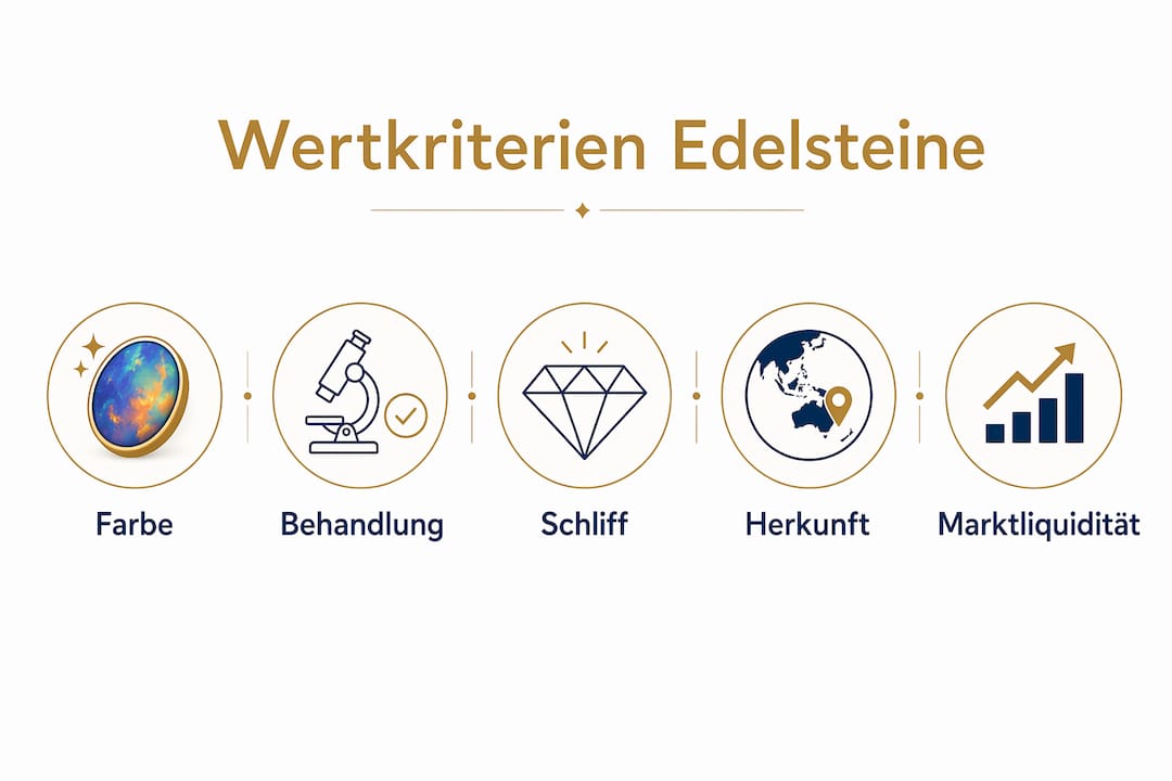 Eine übersichtliche Infografik, die die wichtigsten Kriterien zur Bewertung von Edelsteinen anschaulich in einer Rangfolge darstellt.