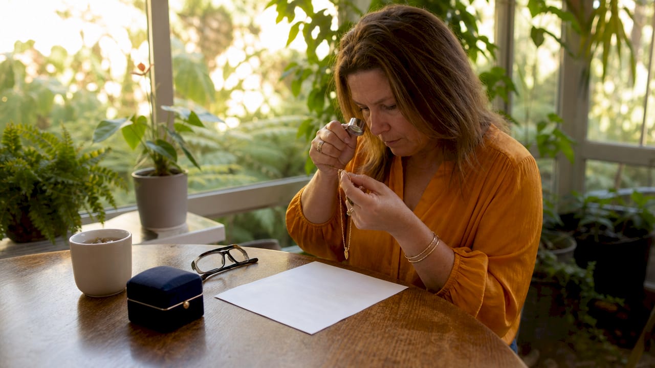 Woman reviewing jewelry warranty at home table