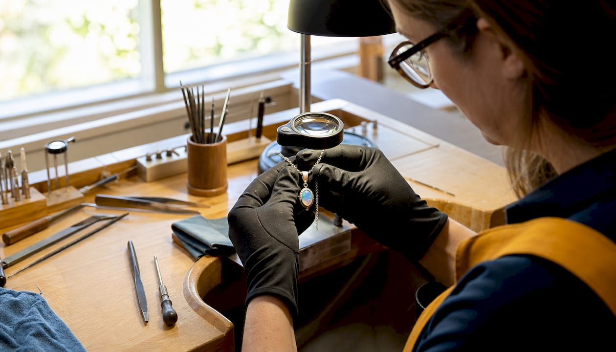 Jeweler inspecting ring under loupe light