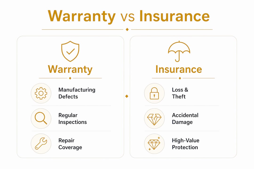 Infographic comparing jewelry warranty and insurance coverage