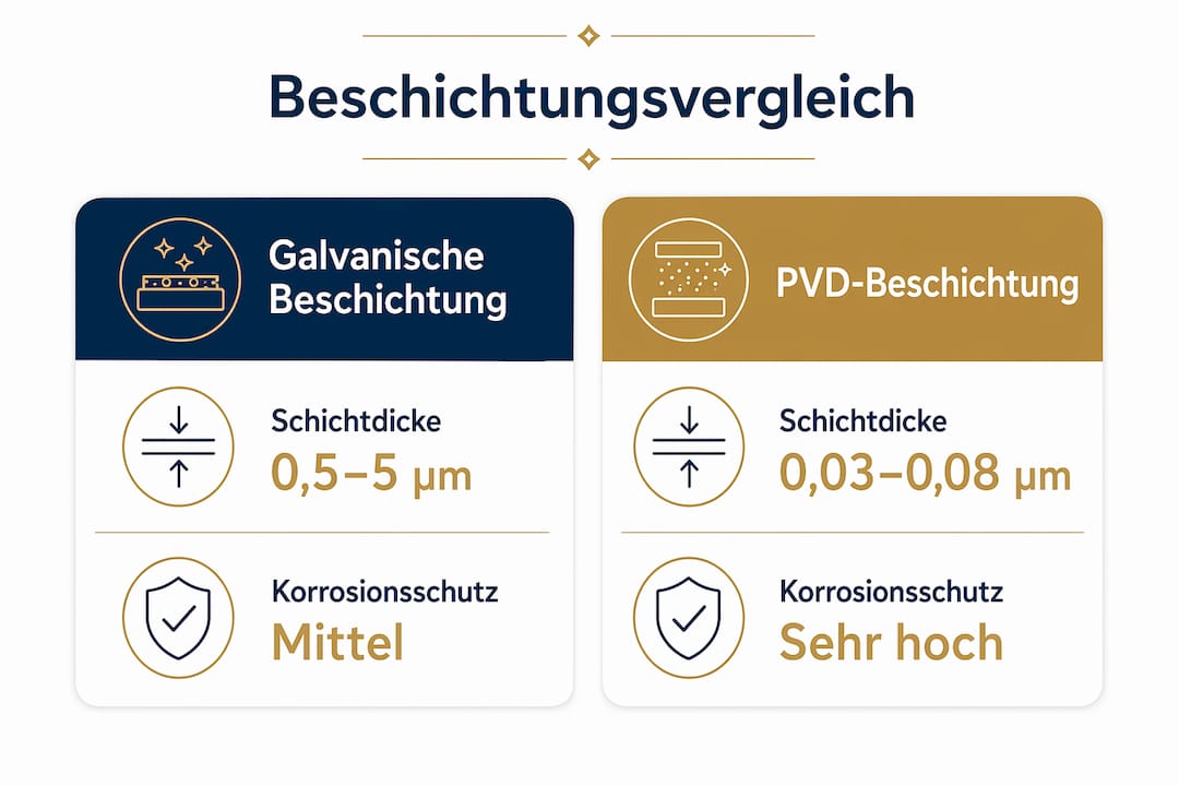 Infografik: Gegenüberstellung von galvanischen und PVD-Beschichtungen