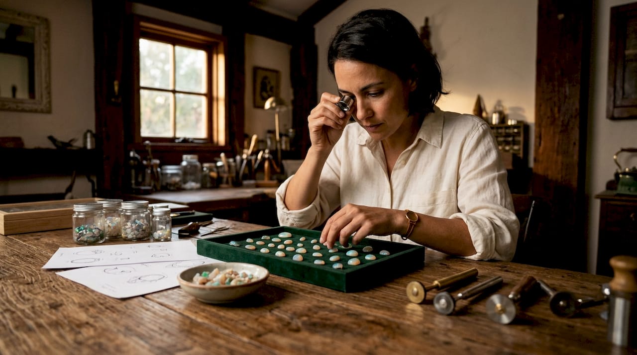Jeweler examining assorted opal cuts