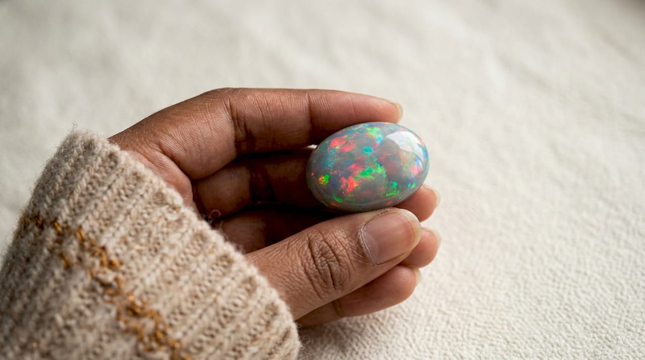 Close-up of hand holding oval opal cabochon