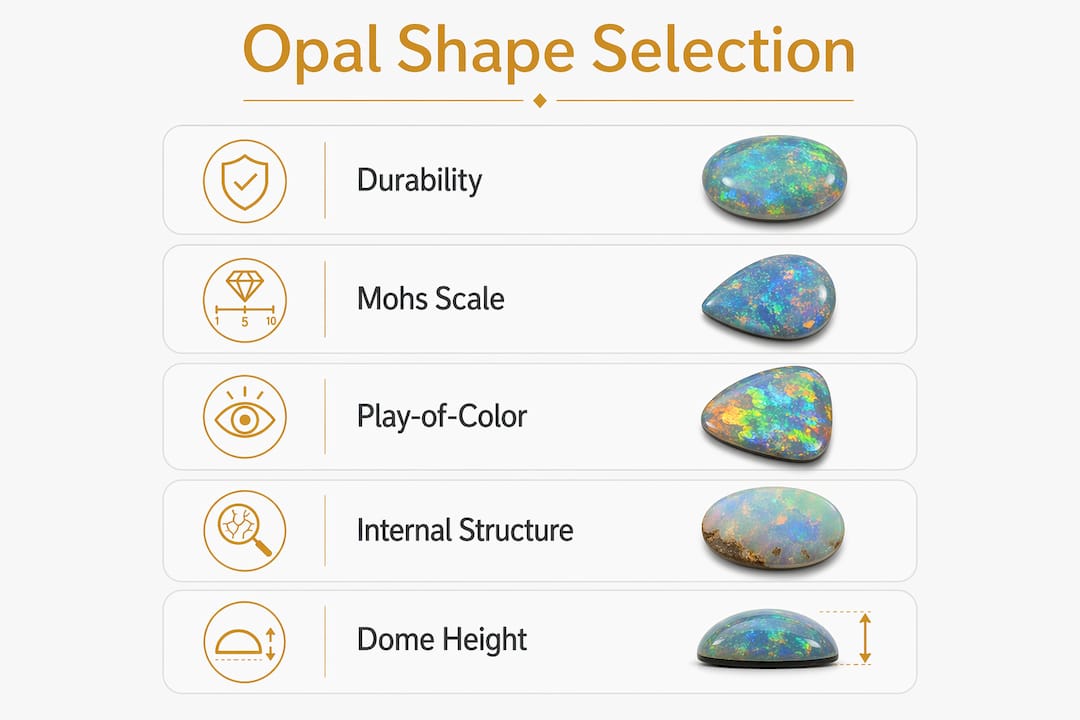 Infographic illustrating factors influencing opal shape selection