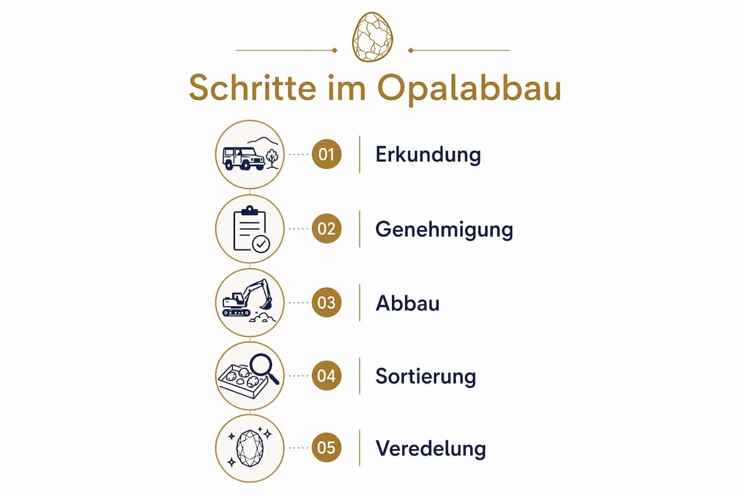 Diese Infografik veranschaulicht die einzelnen Schritte beim Abbau von Opalen.