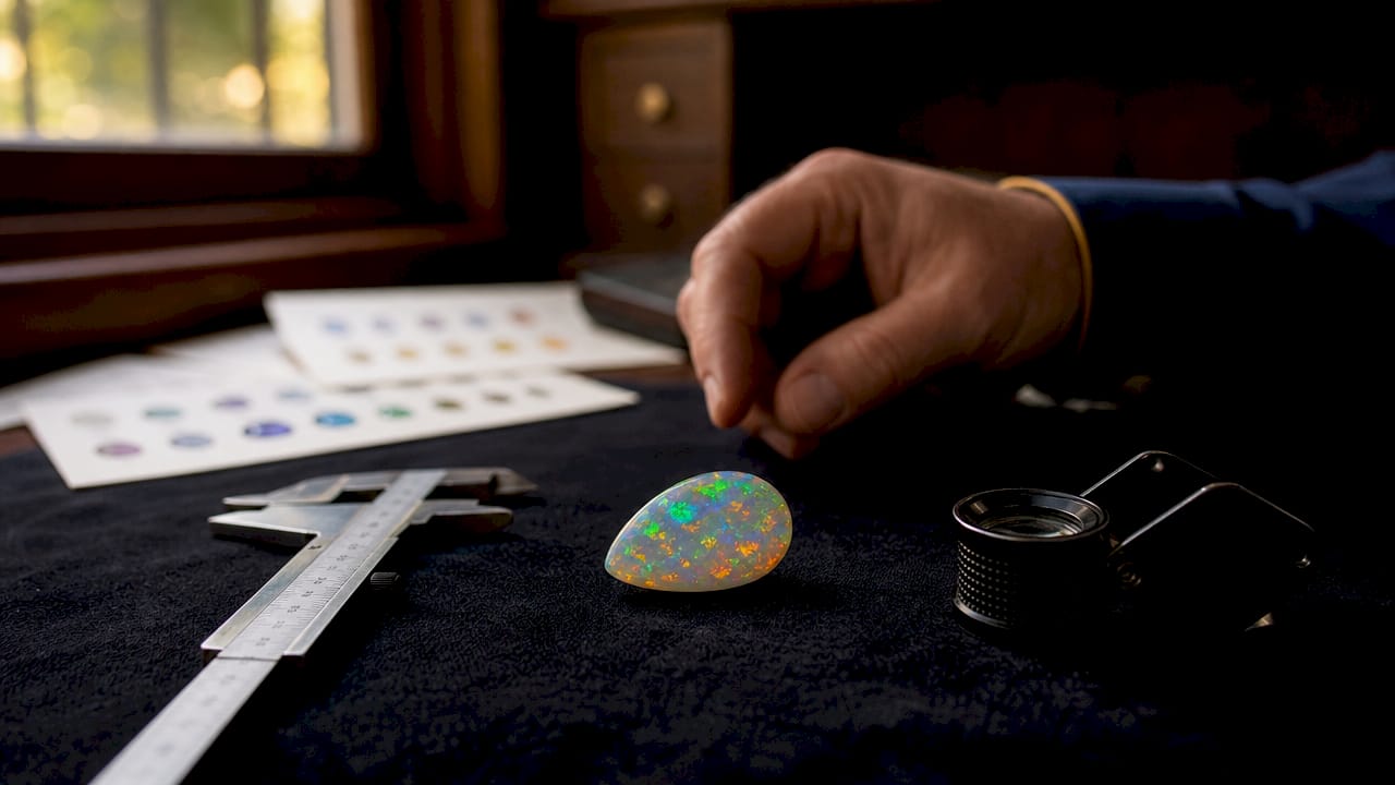 Large gem-quality opal with gemologist tools on table