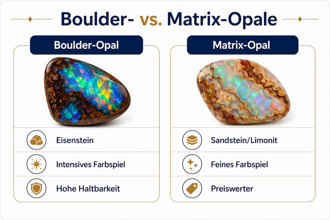 Infografik: Gegenüberstellung von Boulder- und Matrix-Opalen – die wichtigsten Eigenschaften im Überblick