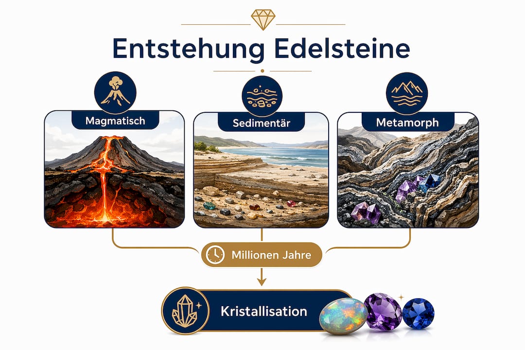 Eine Infografik veranschaulicht anschaulich, wie Edelsteine entstehen.