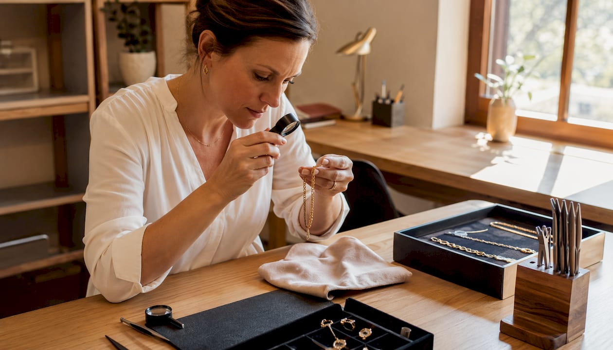 Eine Gemmologin begutachtet Goldschmuck an ihrem Arbeitstisch.