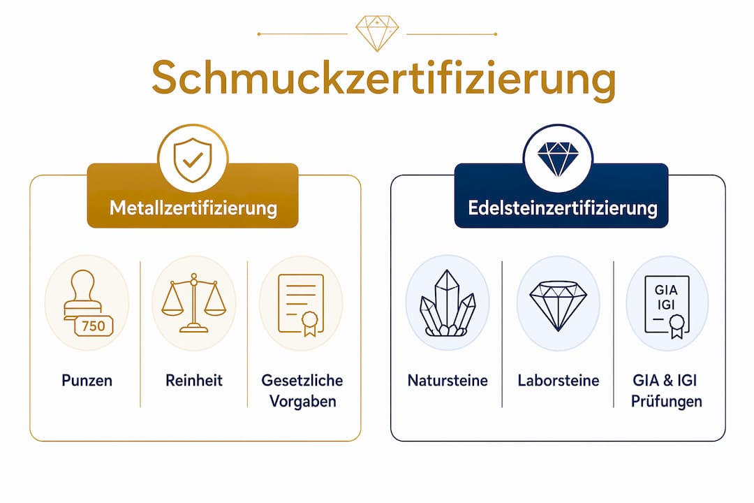 Infografik: Gegenüberstellung von Zertifizierungen für Metalle und Edelsteine