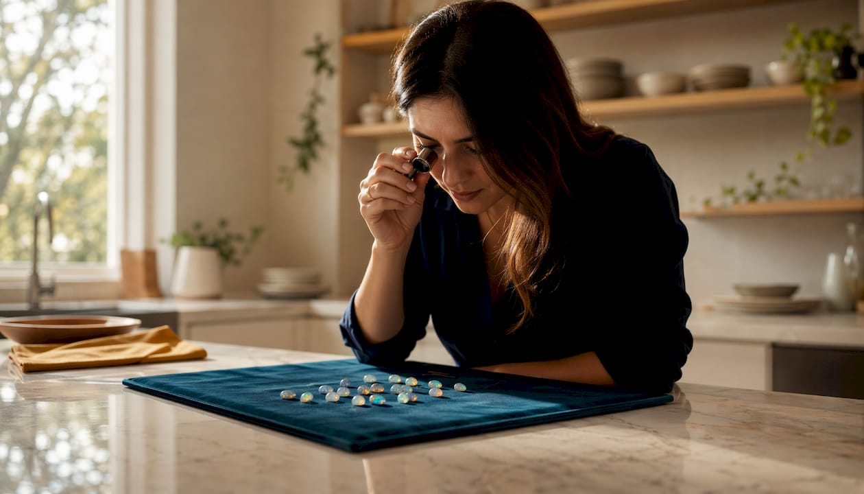 Jeweler examining opal gemstones at desk