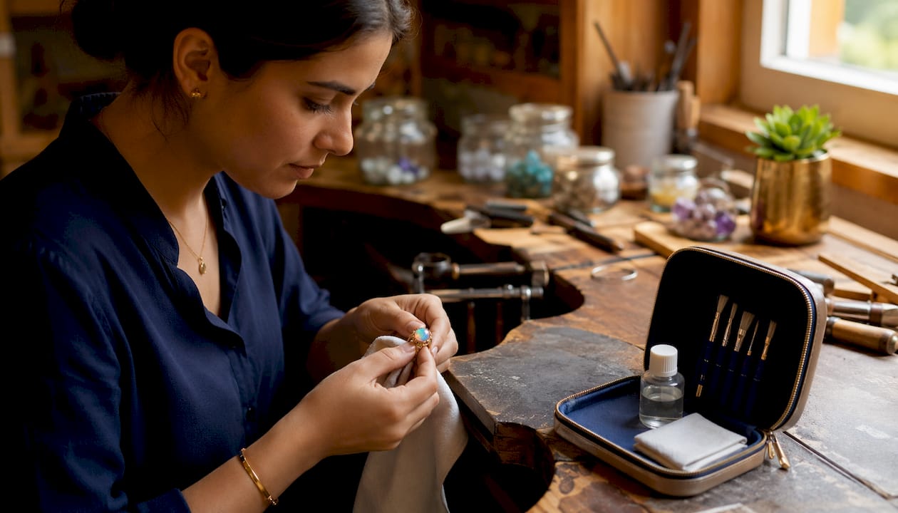 Hands carefully cleaning opal ring in store