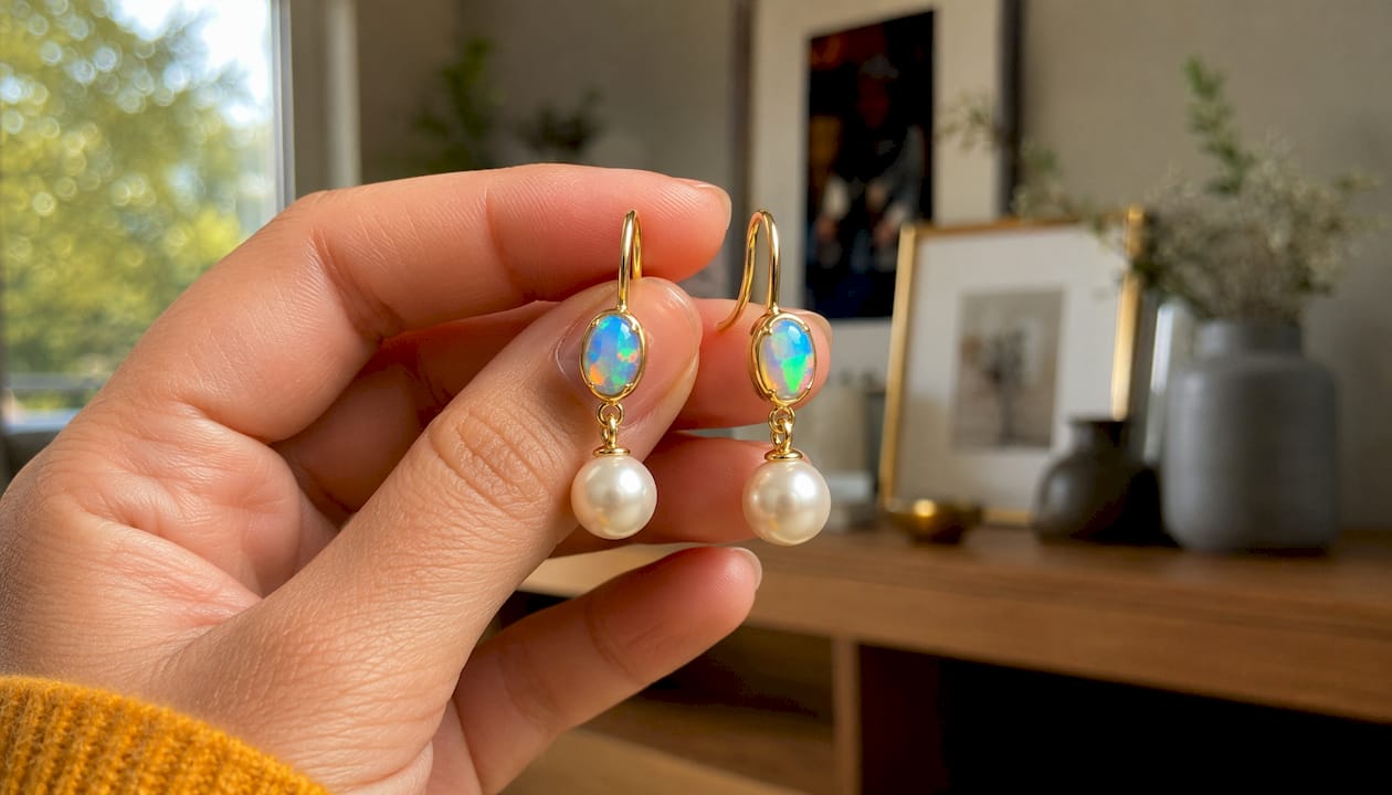 Drop earrings with opal and pearl contrast on white background