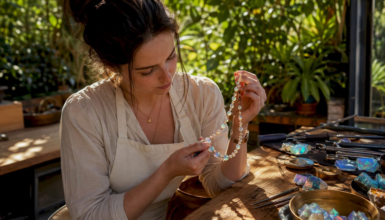 Jeweler inspecting opal and pearl necklace in workshop