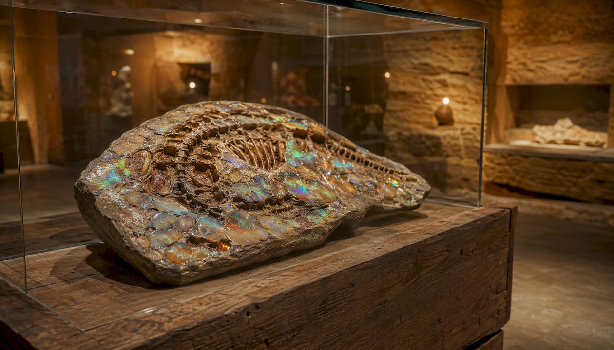 Opalized dinosaur fossil exhibit in museum