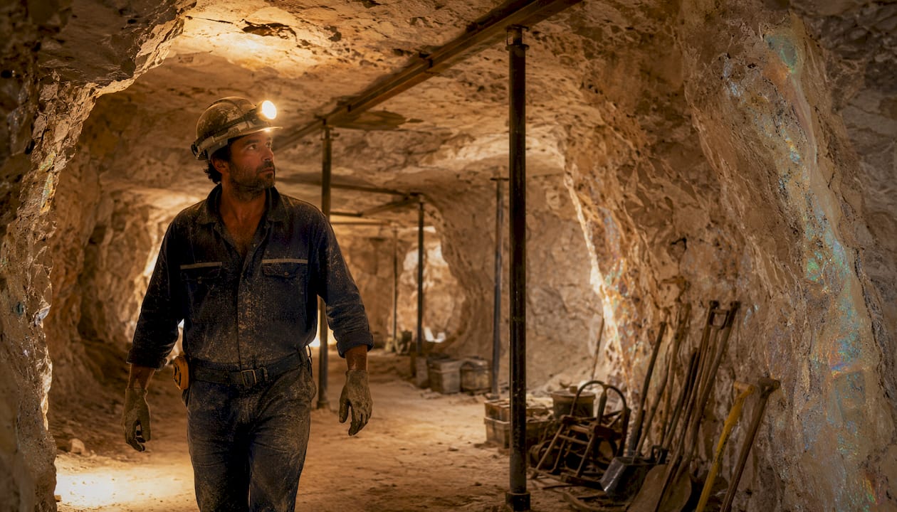 Miner entering underground opal mining shaft