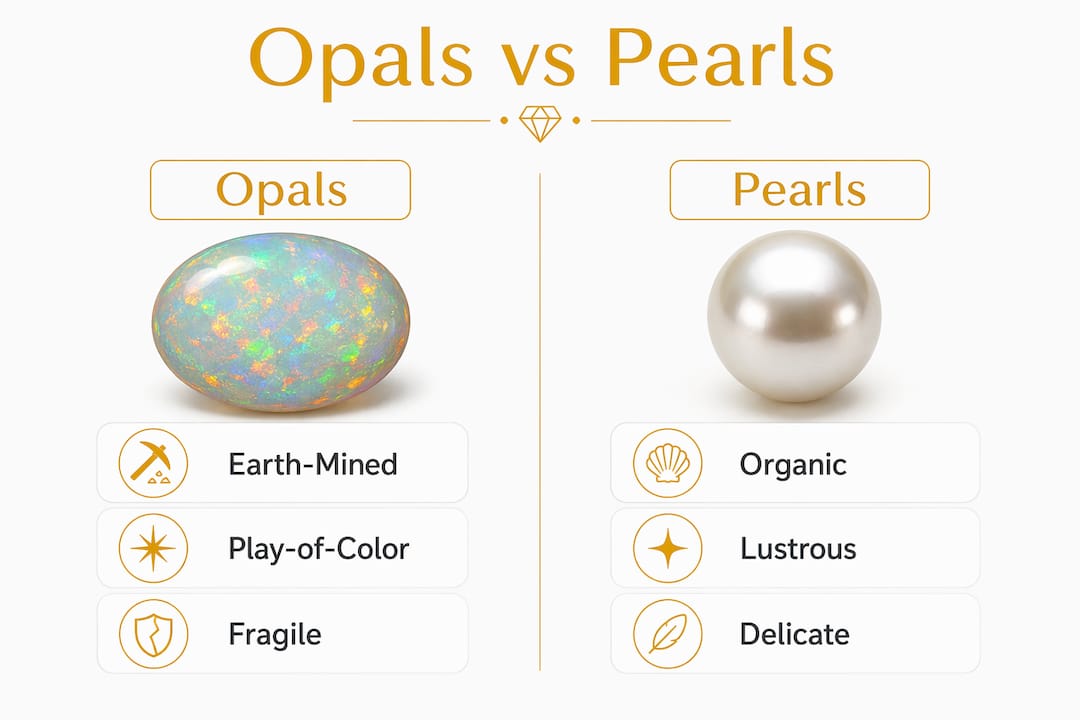 Infographic comparing characteristics of opals and pearls