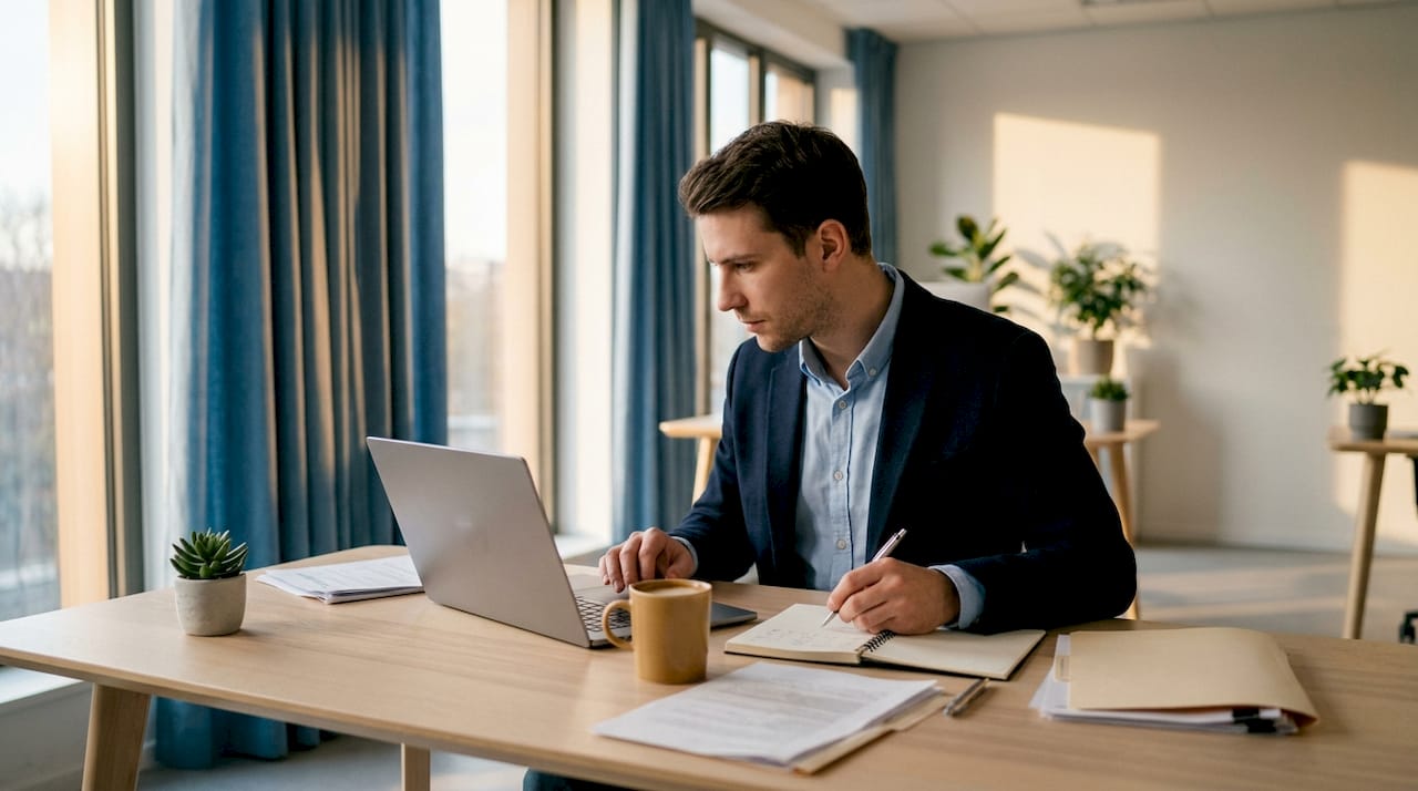 Eine Frau ermittelt den Wert von Opalen mithilfe ihres Laptops und handschriftlicher Notizen.