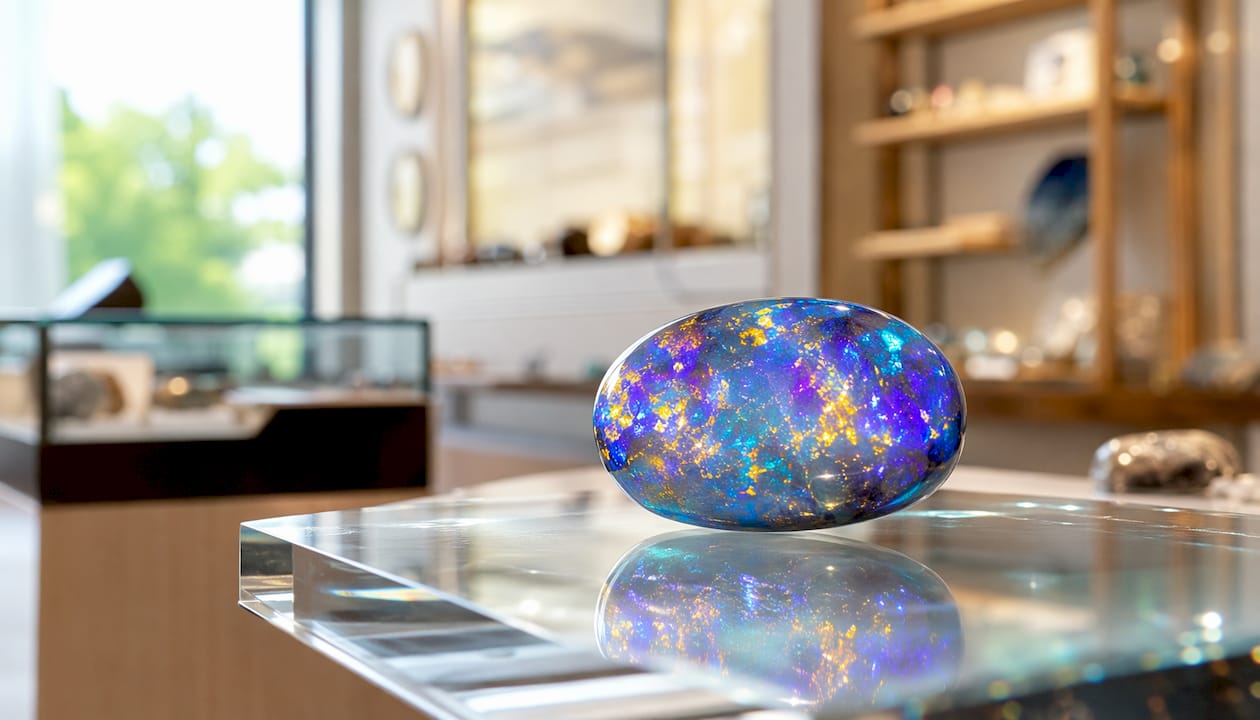 Ein faszinierendes Detailbild vom schimmernden Farbspiel eines Opals, gebettet auf einem weichen Samtkissen.