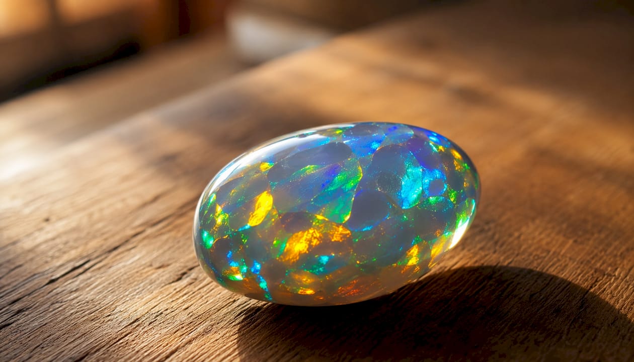 Detailreiche Aufnahme eines Harlekin-Opals mit seinem charakteristischen Farbspiel auf der Oberfläche des Steins