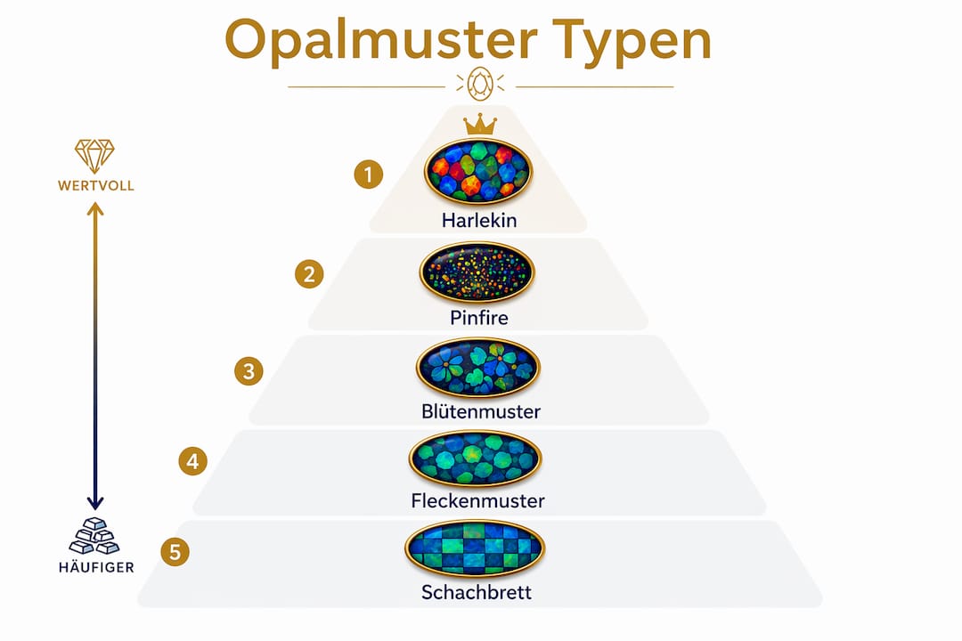 Übersichtsgrafik: Verschiedene Opalmuster und ihre Wertigkeit auf einen Blick