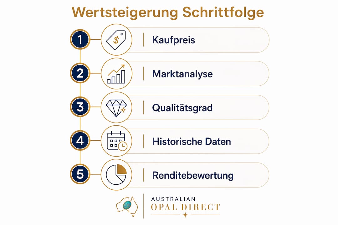Die Infografik gibt einen übersichtlichen Leitfaden zur Bewertung und Wertentwicklung von Opalen.