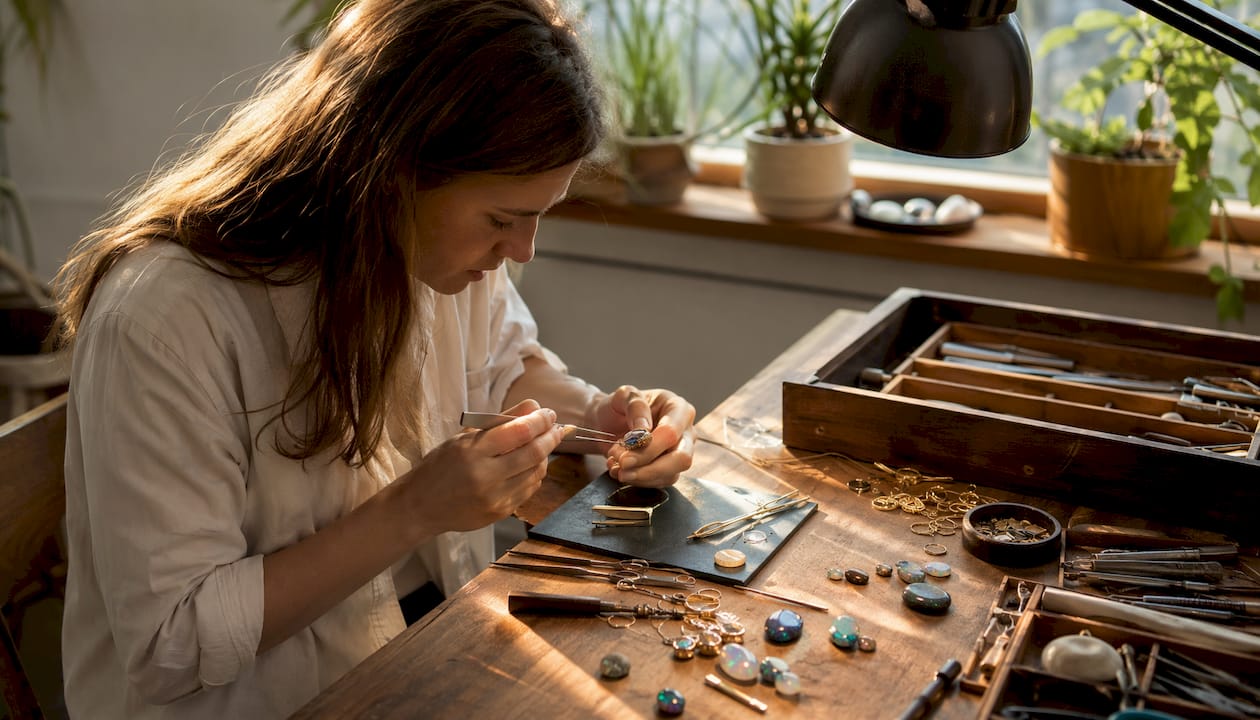 In ihrem Atelier widmet sich eine Frau mit viel Liebe zum Detail der Herstellung von Schmuckstücken aus Opal.