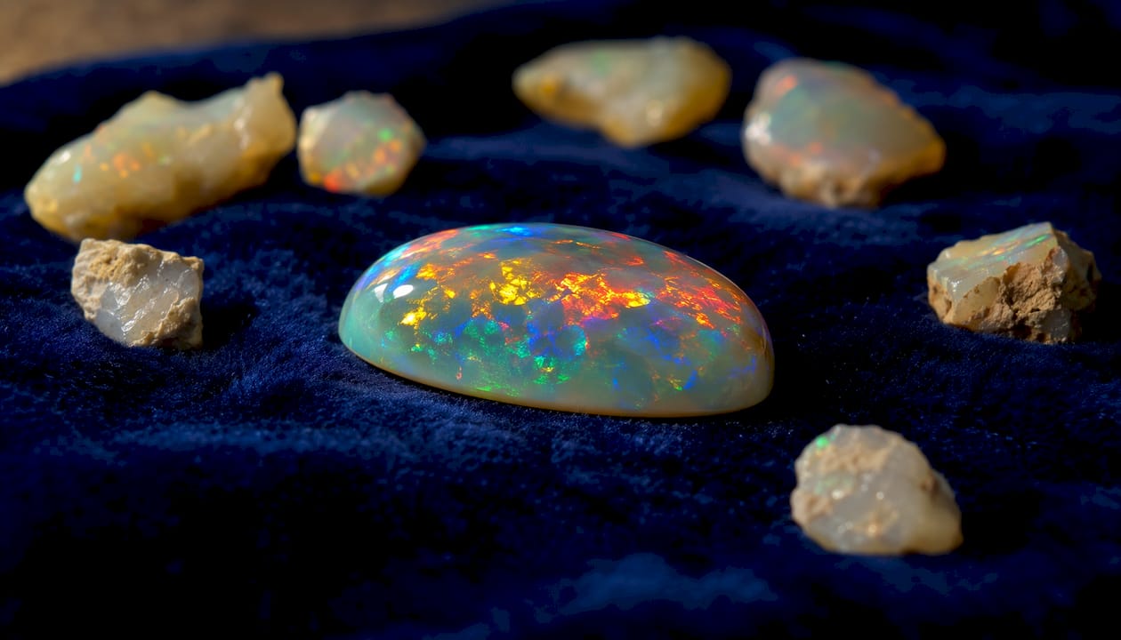 Im Detail eingefangene Farbvielfalt eines geschliffenen Opals