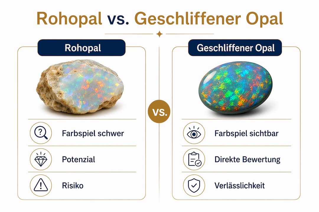 Infografik: Unterschiede zwischen Rohopalen und geschliffenen Opalen im Überblick
